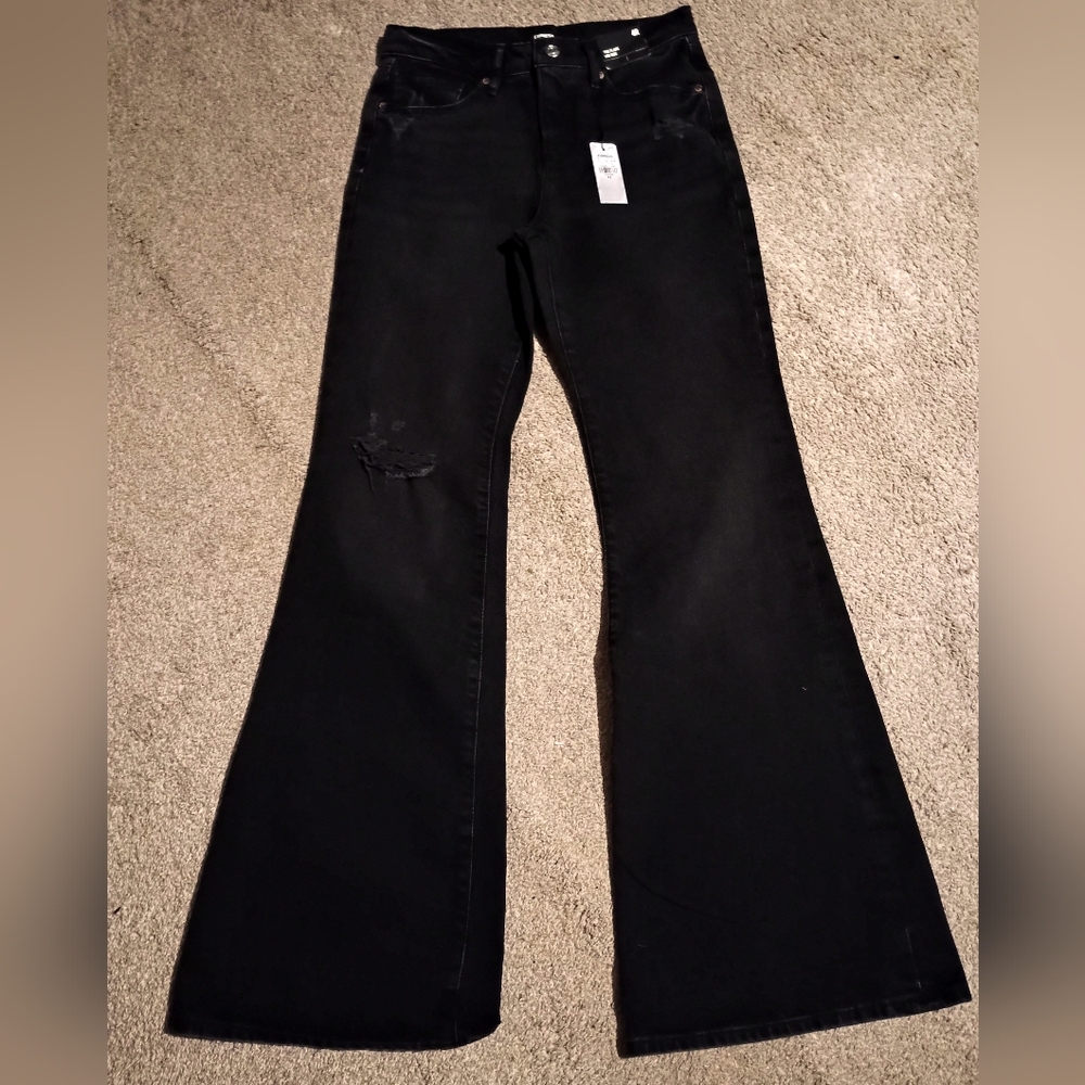 Express Mid Rise Washed Black Ripped '70s Flare Jeans